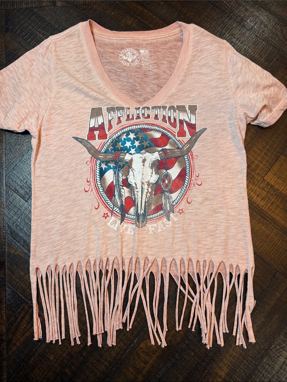 Affliction Live Fast Fringe Graphic Tee Distressed Boho Western Pink L - Picture 6 of 7